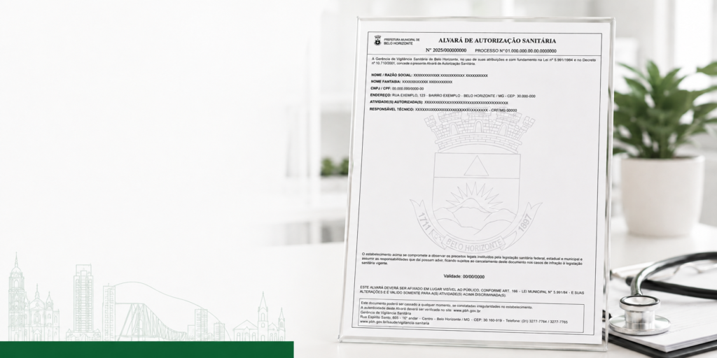 Modelo ilustrativo de alvará sanitário da Vigilância Sanitária de Belo Horizonte sobre mesa de consultório moderno
