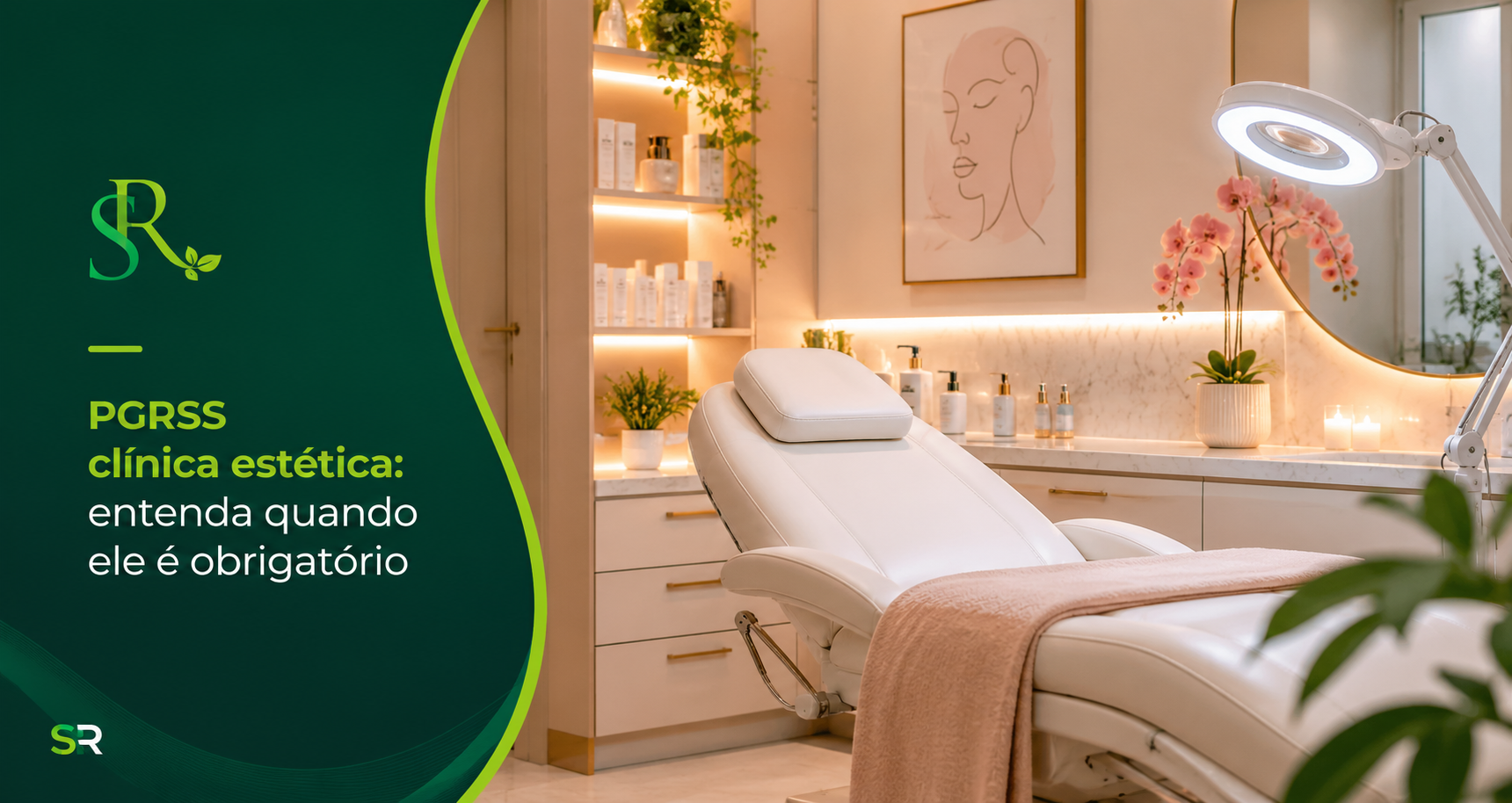 Clínica estética moderna com maca de atendimento, iluminação sofisticada e ambiente premium, representando a obrigatoriedade do PGRSS para clínicas de estética.