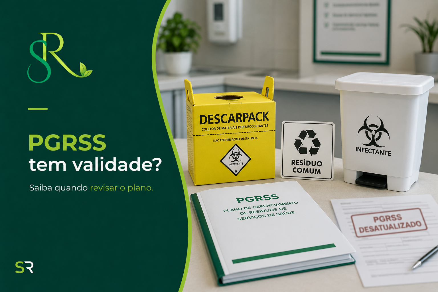 PGRSS tem validade? Imagem com coletores de resíduos de saúde, caixa descarpack e documento de PGRSS desatualizado.