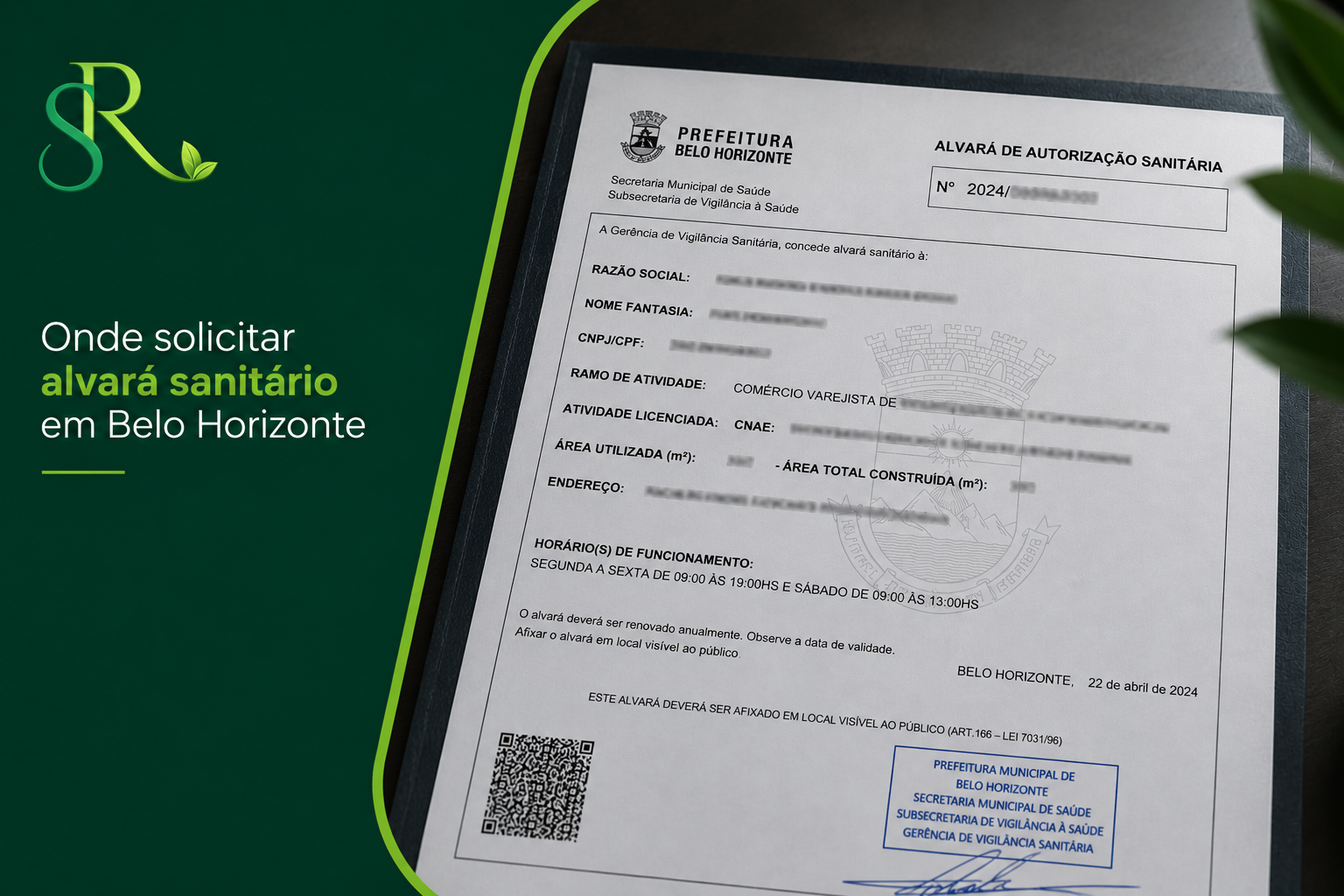 Documento de alvará sanitário da Prefeitura de Belo Horizonte em arte corporativa da Soluções Resíduos