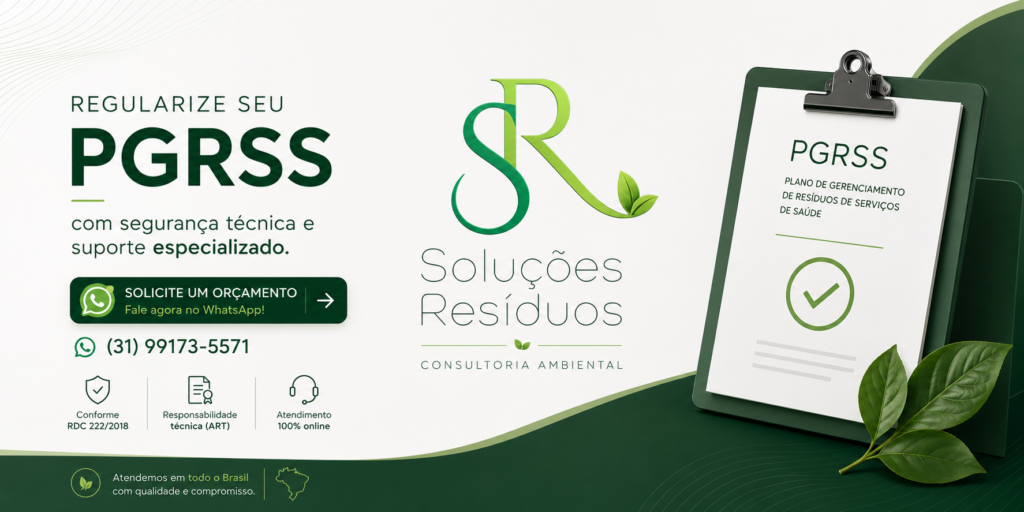Banner da Soluções Resíduos com CTA para solicitar orçamento de PGRSS via WhatsApp, destacando responsabilidade técnica e conformidade com a RDC 222/2018.