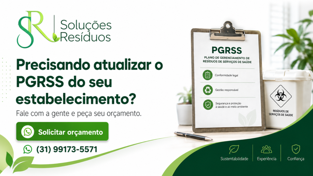 Banner da Soluções Resíduos sobre atualização de PGRSS para estabelecimentos de saúde, com telefone para orçamento.
