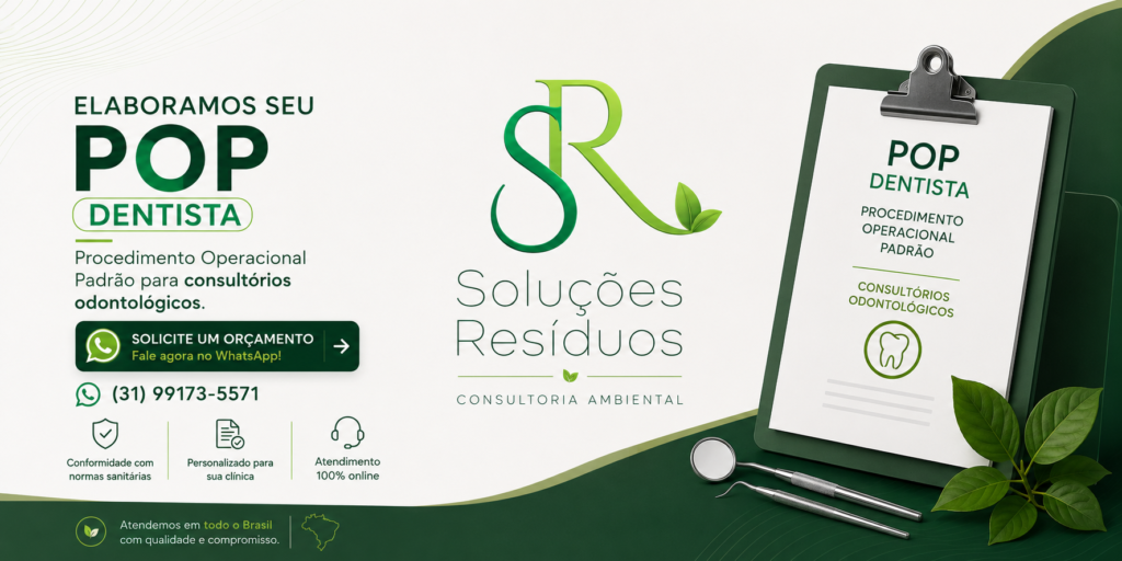 Banner sobre POP dentista da Soluções Resíduos com serviço de elaboração de Procedimento Operacional Padrão para consultórios odontológicos, atendimento online e suporte técnico especializado.