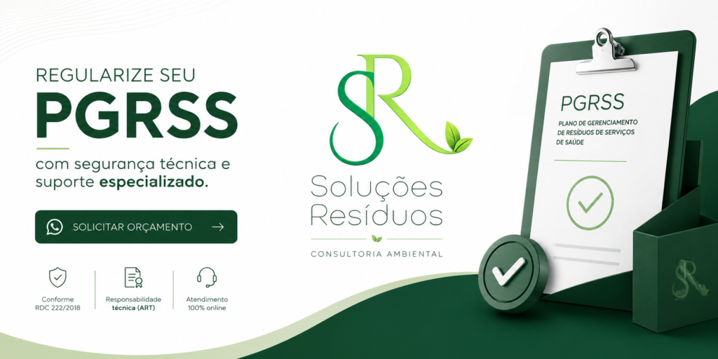 Banner da Soluções Resíduos sobre elaboração de PGRSS com atendimento online, responsabilidade técnica e botão de orçamento via WhatsApp.

