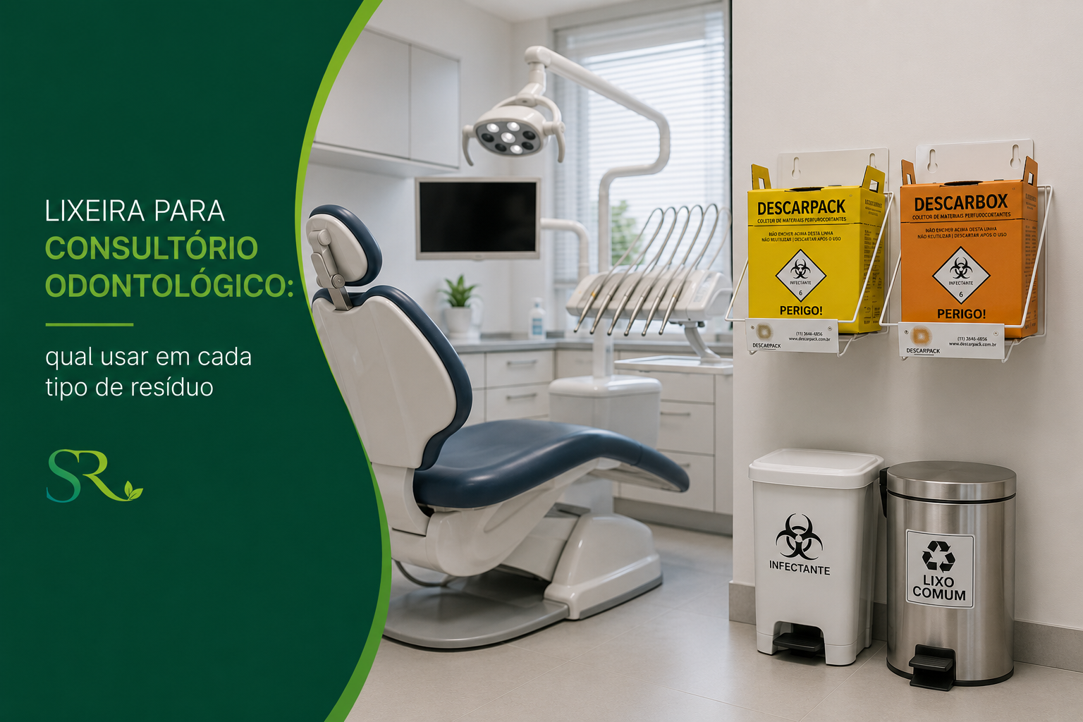Lixeira para consultório odontológico com descarpack, descarbox, lixeira infectante e lixeira para resíduo comum em clínica odontológica.