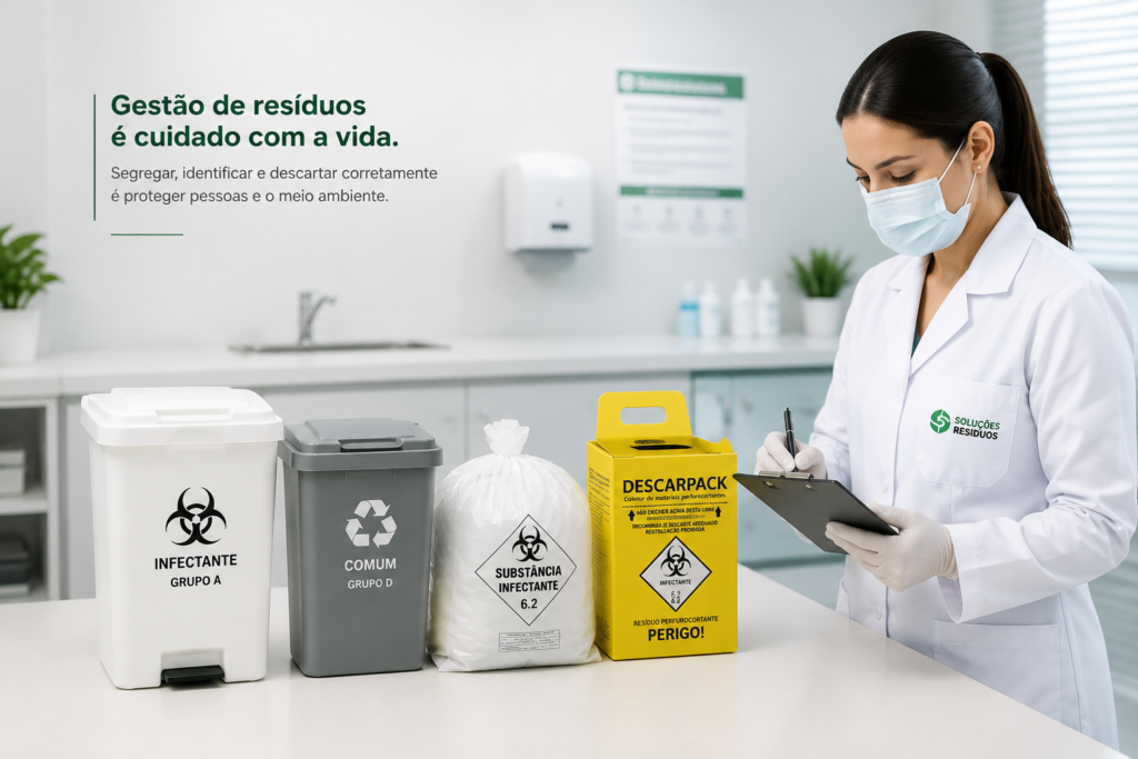 Profissional da saúde realizando gerenciamento de resíduos hospitalares conforme PGRSS e RDC 222/2018