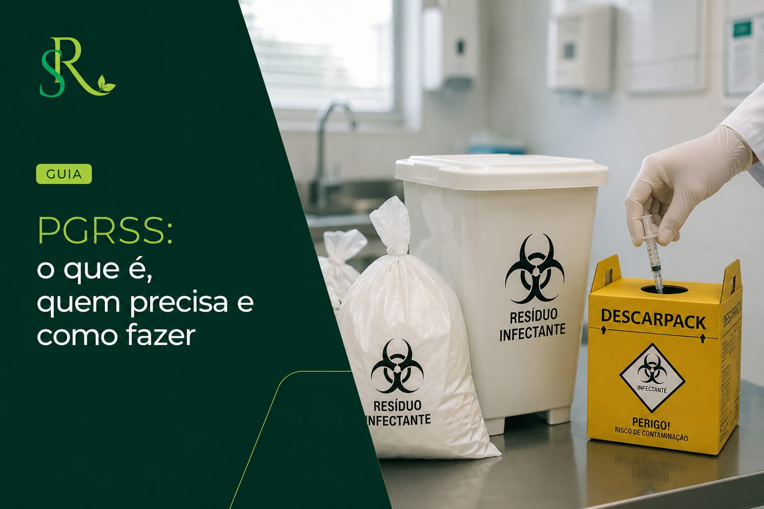 Gerenciamento de resíduos infectantes hospitalares com descarpack e recipiente de resíduos de saúde em ambiente clínico.