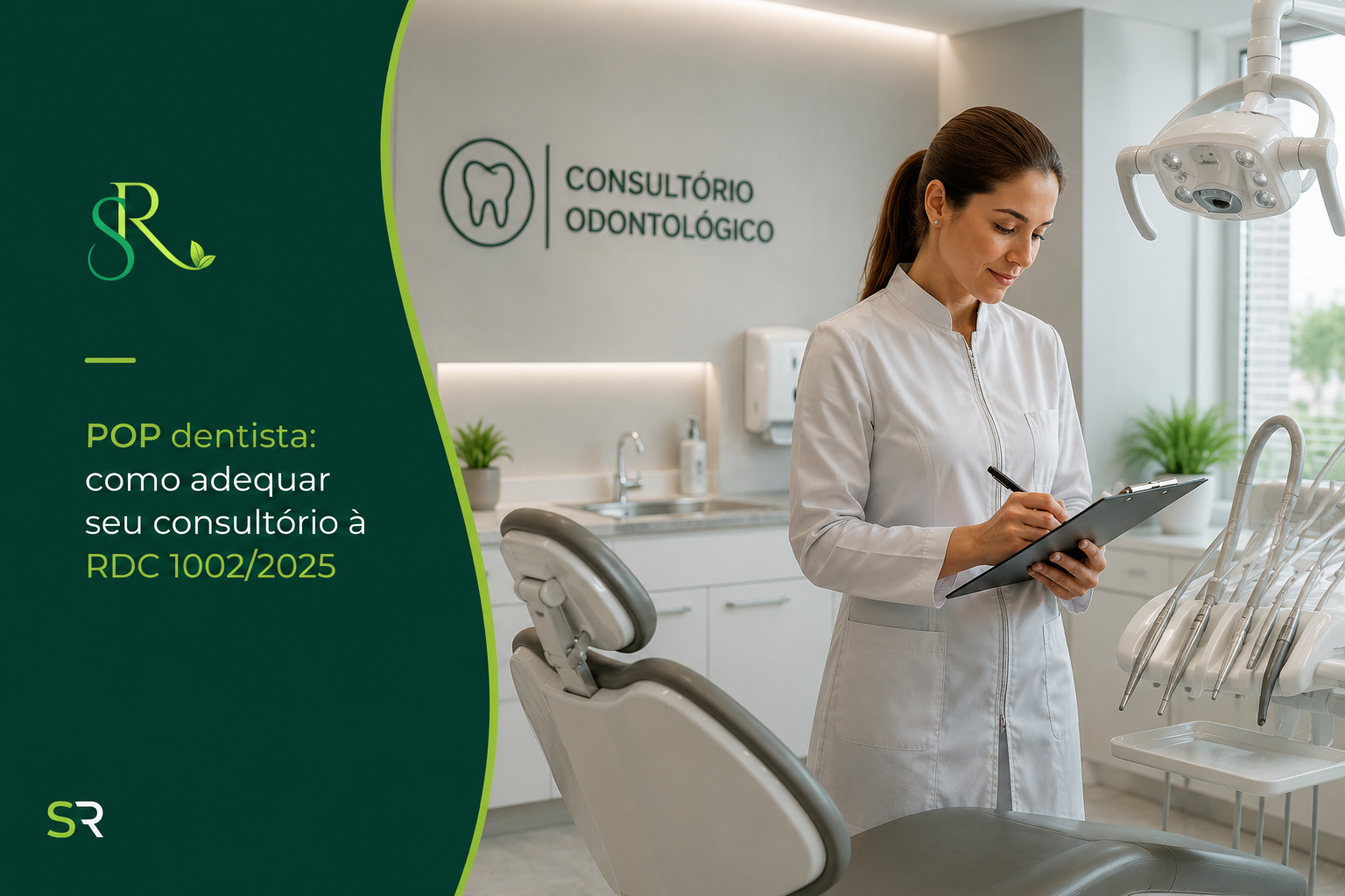Dentista em consultório odontológico moderno realizando checklist de adequação à RDC 1002/2025 para conformidade sanitária e gerenciamento de resíduos.